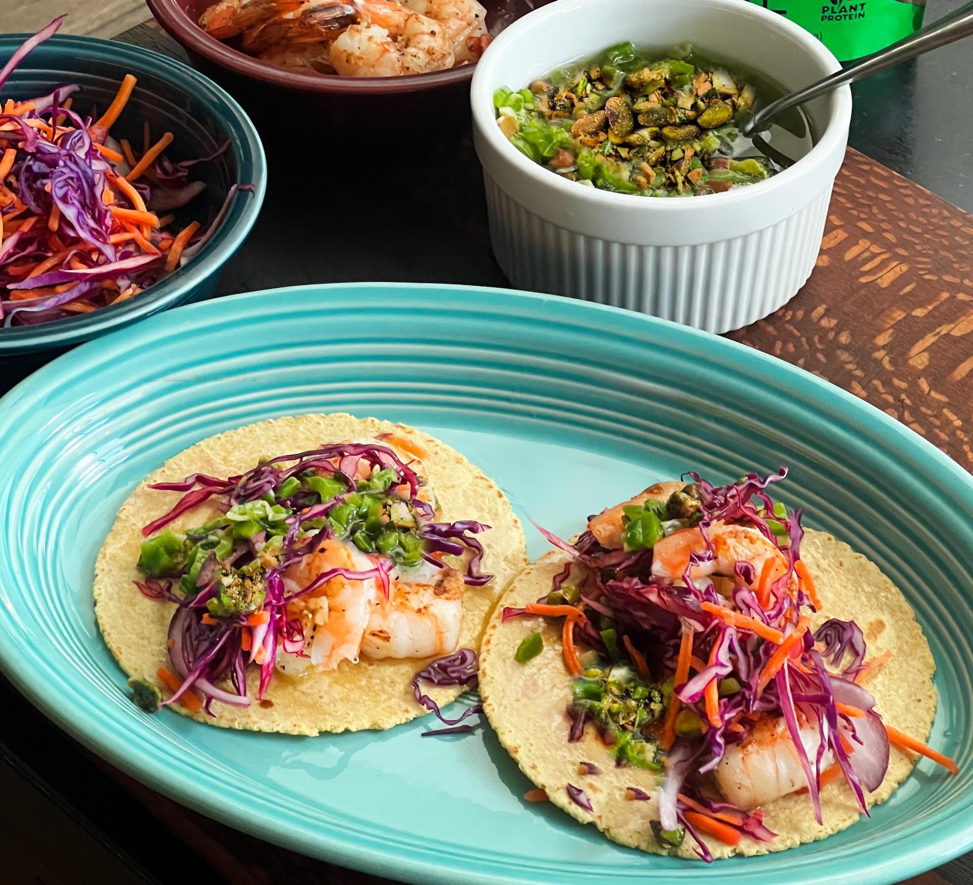 Shrimp Tacos with Jalapeño Lime Salsa Macha Verde